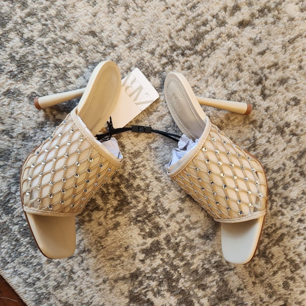 NWT Zara Size 6.5 Beige Rhinestone Mesh Slide Heels - Picture 6 of 7